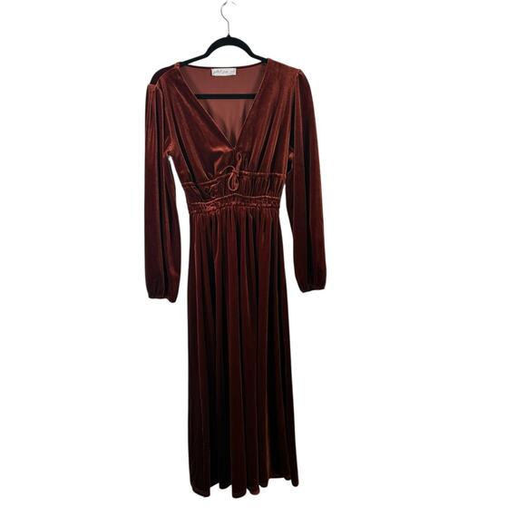 Petal + Pup Cece Rust Orange Velvet Long Sleeve Maxi Dress Boho Womens Small - Picture 2 of 8